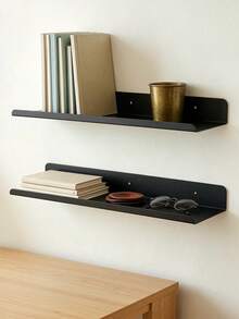 2Pcs Minimal Black Metal Floating Wall Shelf, One‑Piece Iron Wall Mount Display Rack, Raised Lip Edge Storage Shelving For Bedroom Bathroom Kitchen Home Decor - Multicolor - View 9