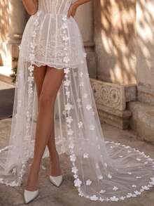 1pc Detachable 3D Floral Pearl Bridal Over Skirt, White Tulle Wedding Cover Skirt, Lawn Wedding And Photo Shoot Accessory - White - View 2