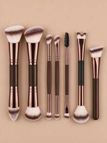 7pcs/5pcs/2pcs Dual-Ended Makeup Brush Set, Soft Synthetic Bristles, Covers Foundation, Blush, Eyeshadow, Eyebrow Brush & Spiral Eyebrow Brush, Professional Makeup Tools, Essential For Girls, Recommended For Beginners, Women's Gift - Brown - View 8