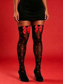 Sweet Cool Date Style Over The Knee Stockings, Black Base With Red Hearts And Red Bows, Non-Slip Edge, Leg Slimming, Street Wear For Denim Shorts - Black - View 2
