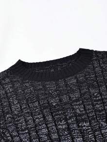 Yuwenier Vintage Black Cable Knit Sweater Round Neck Sequin Glitter Thread Long Sleeve Slim Fit Textured Pullover Casual Office Daily Autumn Outfits - Black - View 5