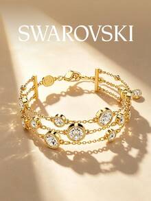 Swarovski Open Bangle Bracelet For Women, Transparent Faux Crystal Hinged Side-Opening Cuff, Luxury Heavy-Duty High-End Wrist Accessory, Jewelry - Gold - View 1