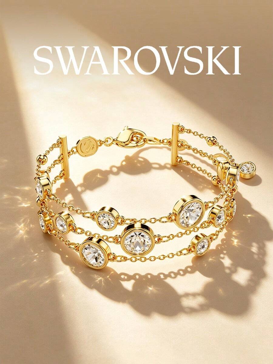 Swarovski Open Bangle Bracelet For Women, Transparent Faux Crystal Hinged Side-Opening Cuff, Luxury Heavy-Duty High-End Wrist Accessory, Jewelry - Gold - View 1