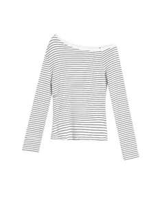 Women's Asymmetrical Shoulder Striped Long Sleeve T-Shirt, Slim Fit Base Layer Knit Top - White - View 2