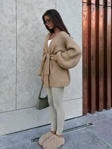 Women's Autumn New V-Neck Knit Cardigan Elegant French Style Travel Vacation - Khaki - View 2