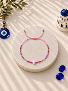 1PC Bohemian Minimalist Summer, Faux Pearl Beaded Bracelet, Adjustable Drawstring Friendship Bracelet, Birthday Gift - Multicolor - View 4
