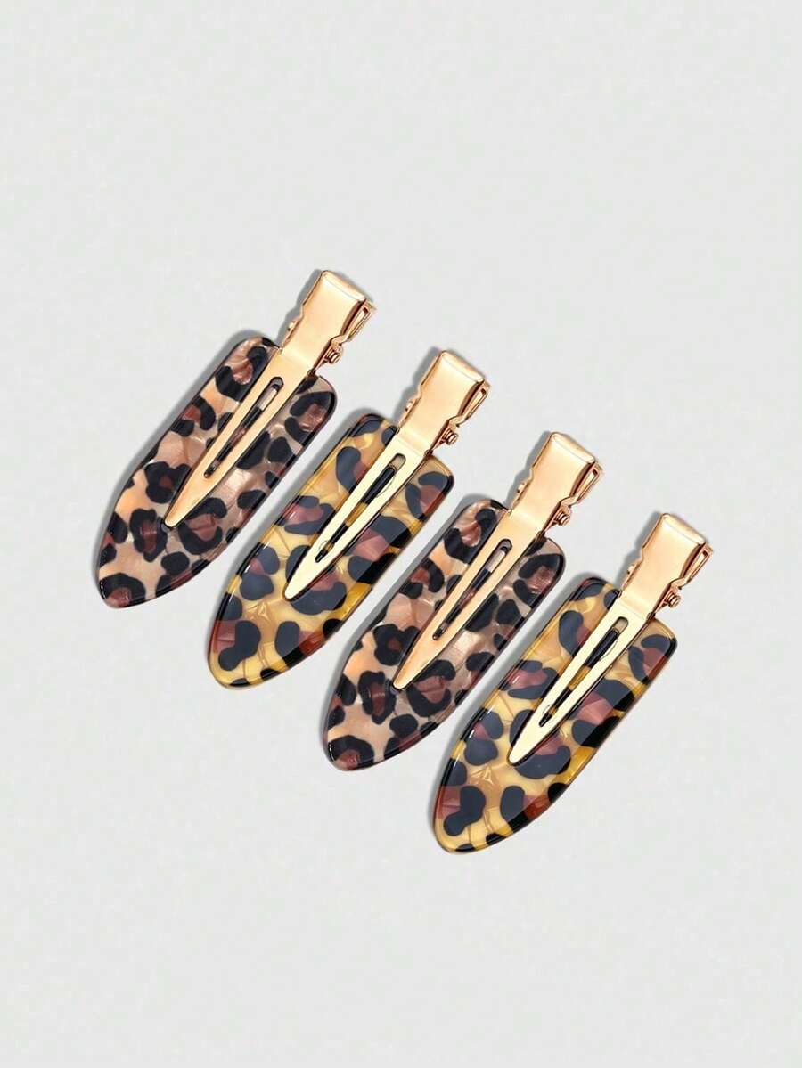 4/2pcs Minimalist Versatile Elegant Coffee Color Leopard Print Seamless Duckbill Hair Clips