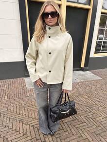 Contrast Color Lapel Double-Breasted Women's Loose Long Sleeve Solid Color Street Style Coat - Apricot - View 10