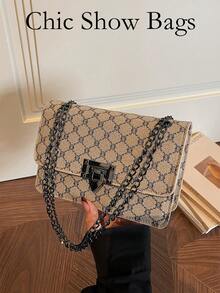 Women's Crossbody Bag, Monogram Canvas Flap With Gunmetal Chain, Turn-Lock Closure, Vintage Chic For Daily Wear, Party & Dating - Khaki - View 12