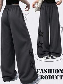 Lurzo Celana Jogger Kasual Longgar Gaya Y2K untuk Anak Perempuan, Desain Pola Bintang yang Dipersonalisasi di Sisi-Sisi, Gaya Y2K, Cocok untuk Pemakaian Sehari-hari dan Olahraga - Dark Grey - View 1