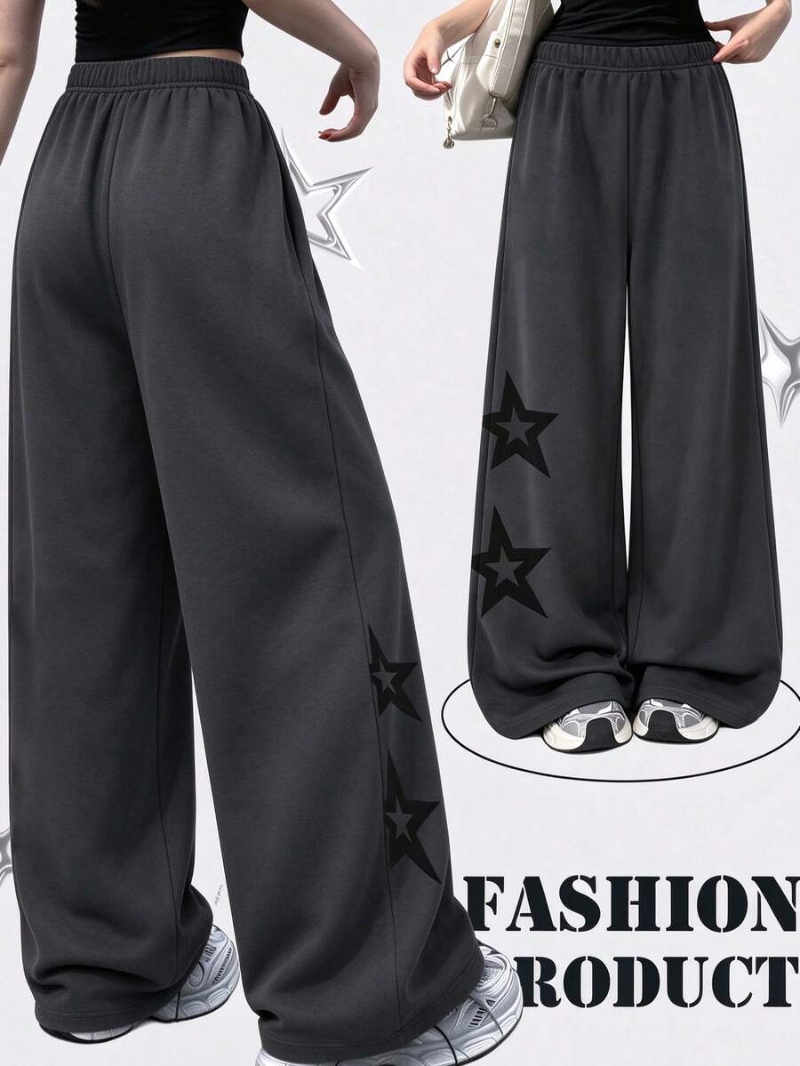 Lurzo Celana Jogger Kasual Longgar Gaya Y2K untuk Anak Perempuan, Desain Pola Bintang yang Dipersonalisasi di Sisi-Sisi, Gaya Y2K, Cocok untuk Pemakaian Sehari-hari dan Olahraga - Dark Grey - View 1