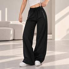 Women Black Wide Leg Sweatpants Zipper Pockets Drawstring Elastic High Waist Loose Fit Casual Athletic Lounge Pants - Black - View 8