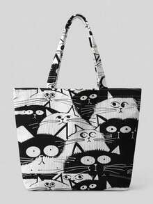 1/2pcs Cartoon Cat Line Art Print Corduroy Large Capacity Open Top Tote Bag, Holds Books Daily Essentials For Student School Shopping Daily Travel - Multicolor - View 8