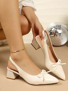 Romantic Pointed Slingback Heels, Front Bow Decor, Chunky Heel Dress Shoes For Evening Event Office Styling - White - View 2