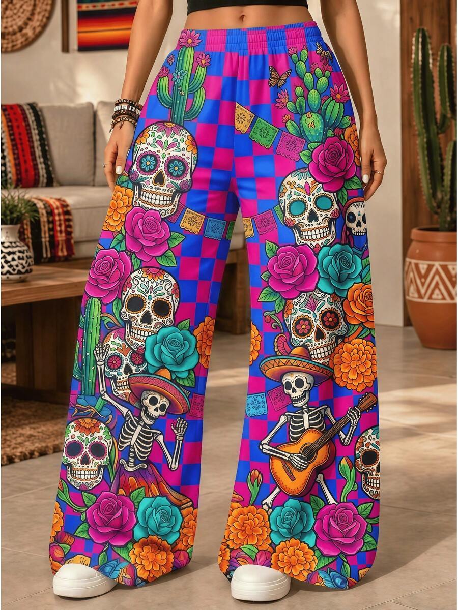 Colorful Sugar Skull Cactus Rose Print Dia de los Muertos Pantalón Ancho para Mujer Cintura Elástica, Pantalón Casual Pierna Amplia para Uso Diario, Estilo Y2K retro, simple y versátil - Multicolor - Ver 1