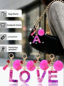 1pc Letter Keychain With Heart Pendant, Cute Rose Red Pom Pom Tassel Key Chain Decoration - Multicolor - View 5