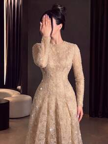 Romantic Women's Formal Maxi Dress, Sequin Embellished Long Sleeve Gown With Round Neck And Flared Hem, Perfect For Evening Parties - Champagne - View 9