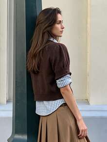Fall/Winter Brown Short Sleeve Cardigan, Elegant Vintage Fashion Single-Breasted Knit Top - Brown - View 3