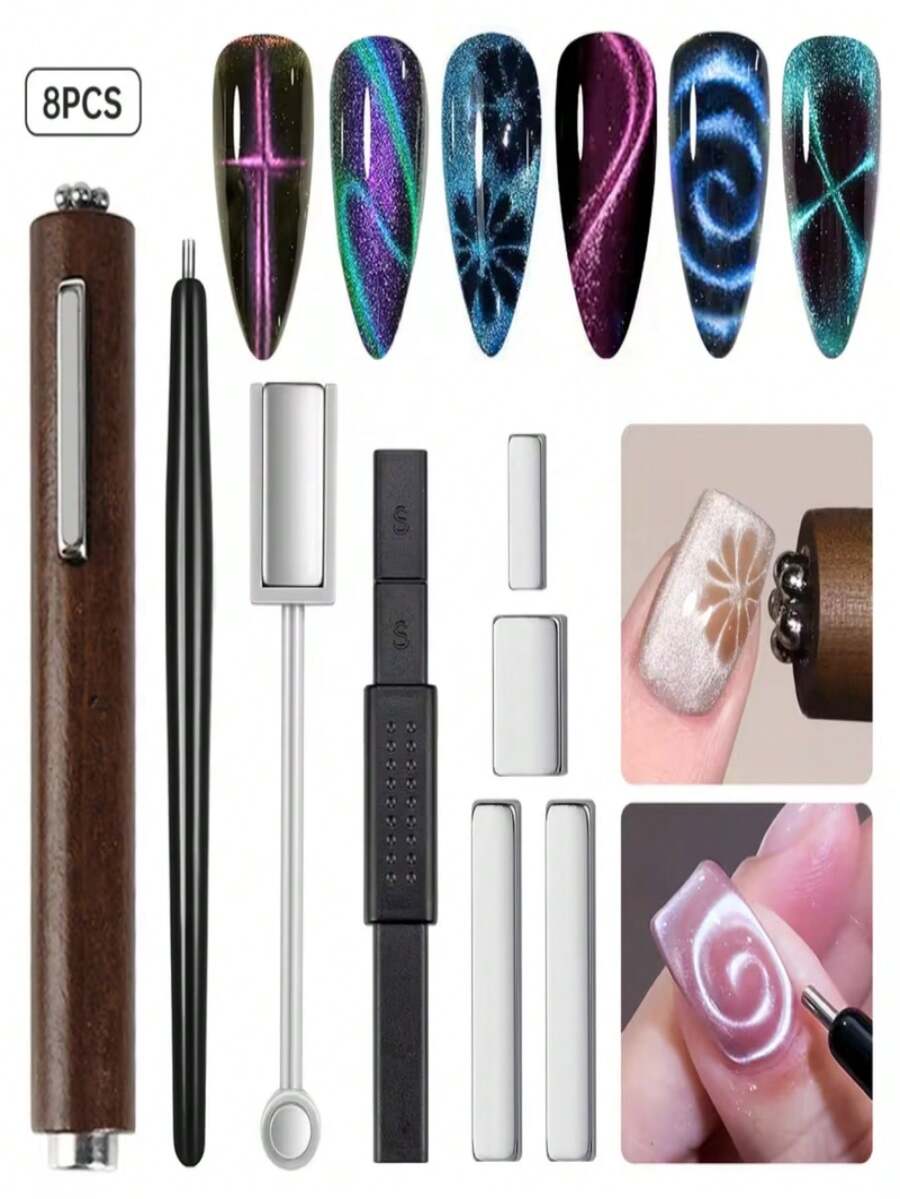8Pcs Cat Eye Nail Art Tool Set, Multi Shapes Nail Design Tools, Create Various Cat Eye Nail Effects - Multicolor - View 1