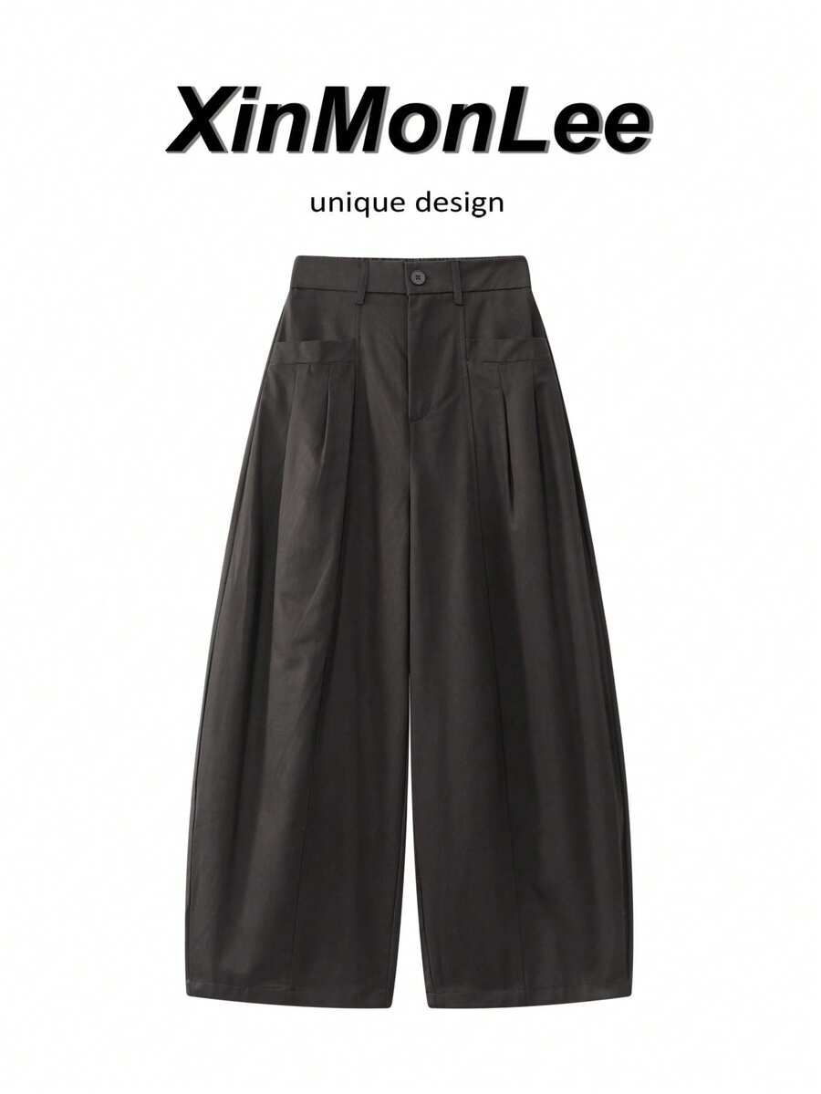 Pantalon long décontracté pour femme en coton sergé diagonal plissé, jambes larges, coupe ample couvrant les hanches, confortable et doux pour la peau, style élégant pour le début de l'automne, les voyages et les vacances - Marron - Voir 1
