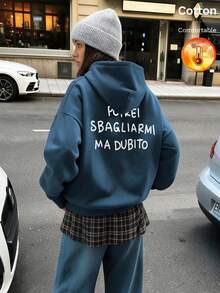 Women's Fall/Winter Fleece Hoodie With Italian Text Graphic On Back, Y2K Style - Cow Blue - View 4