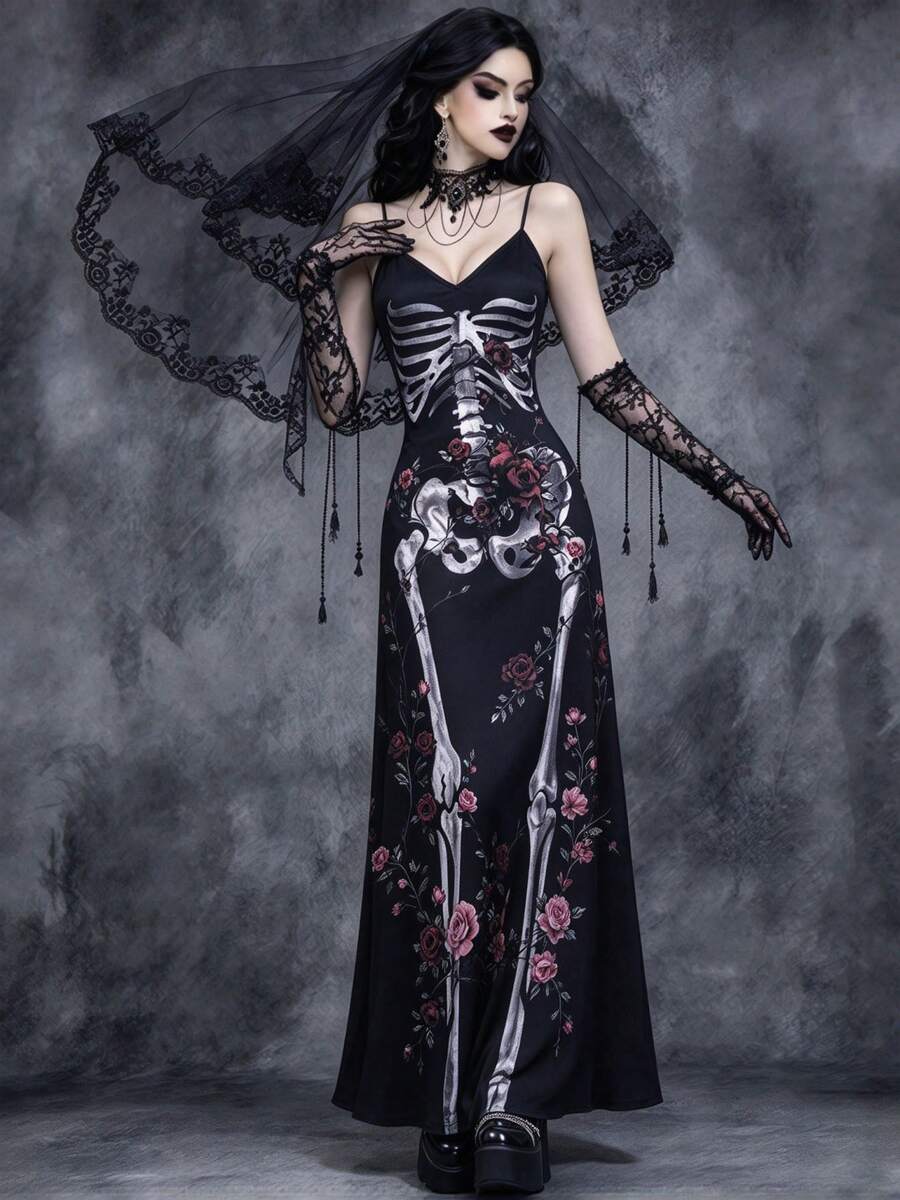 Black & White Skull Rose Long Dress - V-Neck Spaghetti Strap Fitted Slip Dress, Gothic Style Halloween Costume