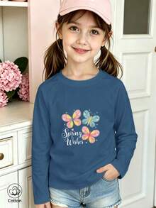 Girls' Cute Printed Long-Sleeve Casual Sports T-Shirt With Set-In Sleeves And A Round Neckline - Denim Blue - View 11