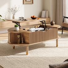 Living Room Coffee Table, Lift-Top Center Table With Storage, MDF, Rubberwood Legs, Fluted Sliding Door - Oak - View 3