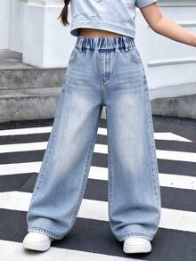 Young Girl Elastic Waist Pocket Casual Straight Leg Denim Jeans - Blue - View 1