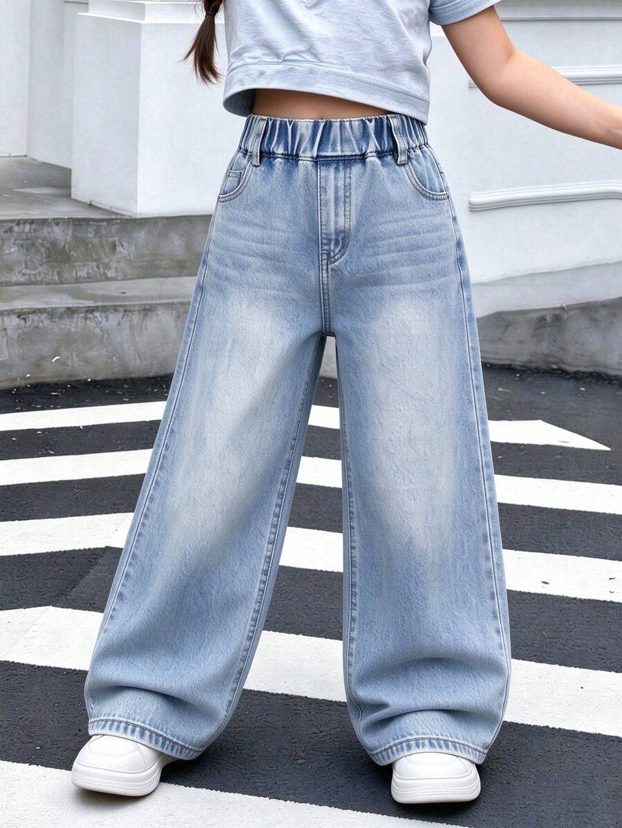 Young Girl Elastic Waist Pocket Casual Straight Leg Denim Jeans - Blue - View 1