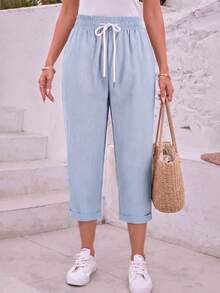 Jisfaneya Women's Solid-Color Lace-Up Pocket Casual Cropped Pants Summer - Blue - View 3