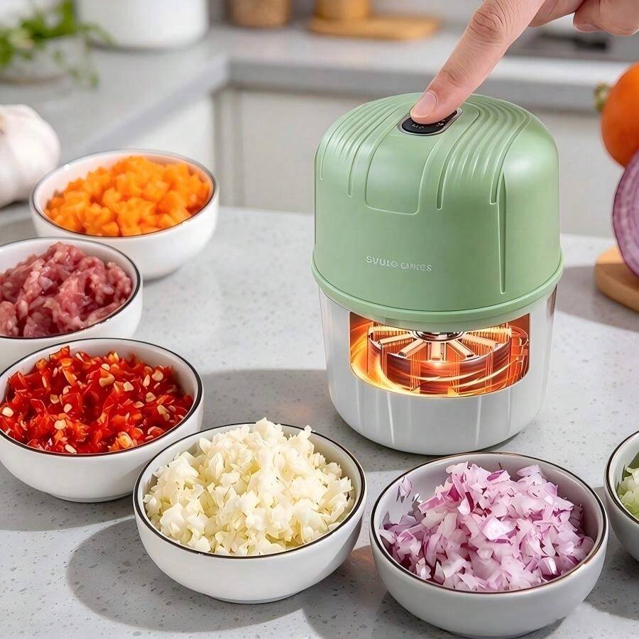 SOKANY 大蒜食物處理機 電動大蒜研磨機 300mAh USB充電 250ml大容量 單手操作 3片刀片 研磨調味料 便攜式家用宿舍廚房小工具 大蒜碎肉機 小型壓蒜器 廚房電器 - 綠色 - 查看 1