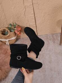 1 Pair New Round Toe Fashion Ankle Boots, Solid Color, Elegant Party Vintage Side Zipper High Heel Ankle Boots, Commute Autumn/Winter Classic Western Boots - Black - View 1