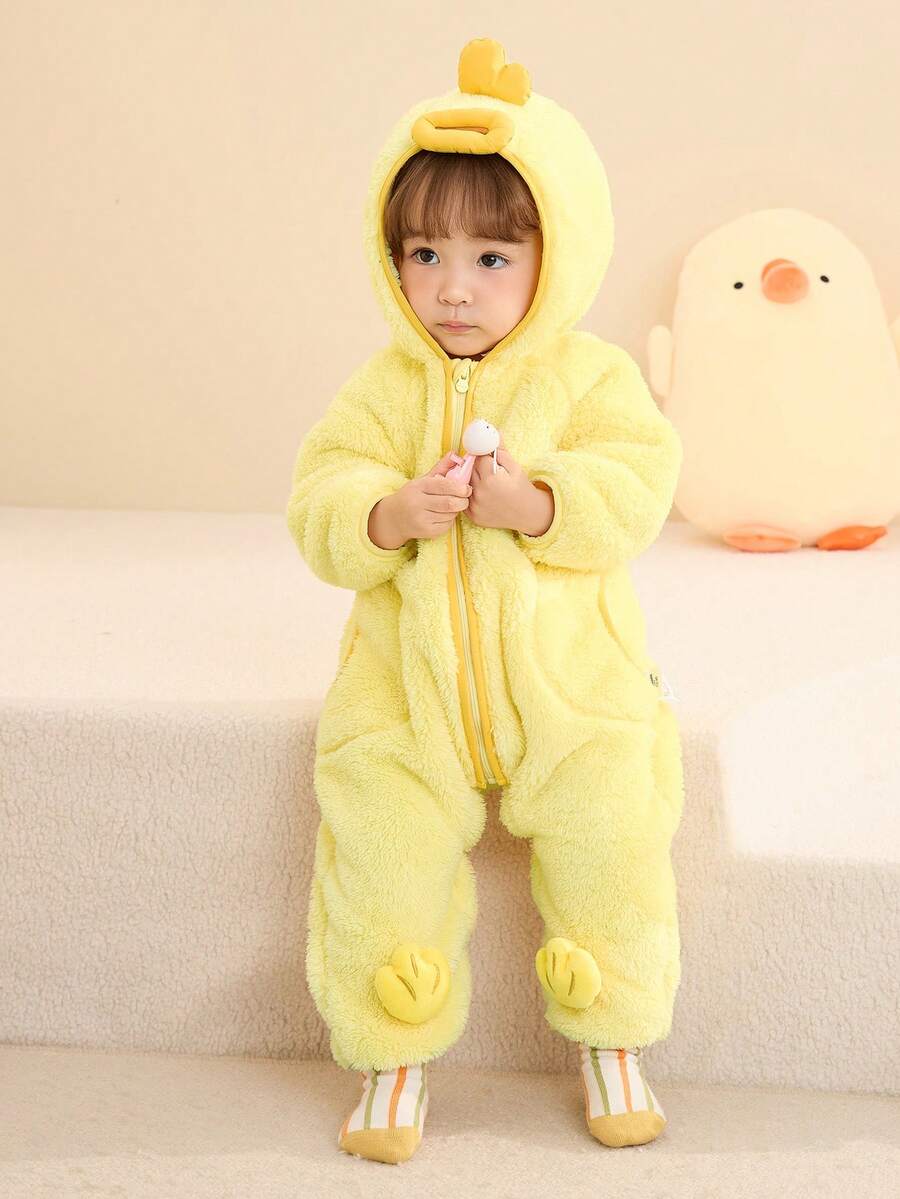 Balabala Baby Coral Fleece Jumpsuit, Long Sleeve Jumpsuit For Infant Fall Winter - Light Yellow - View 1