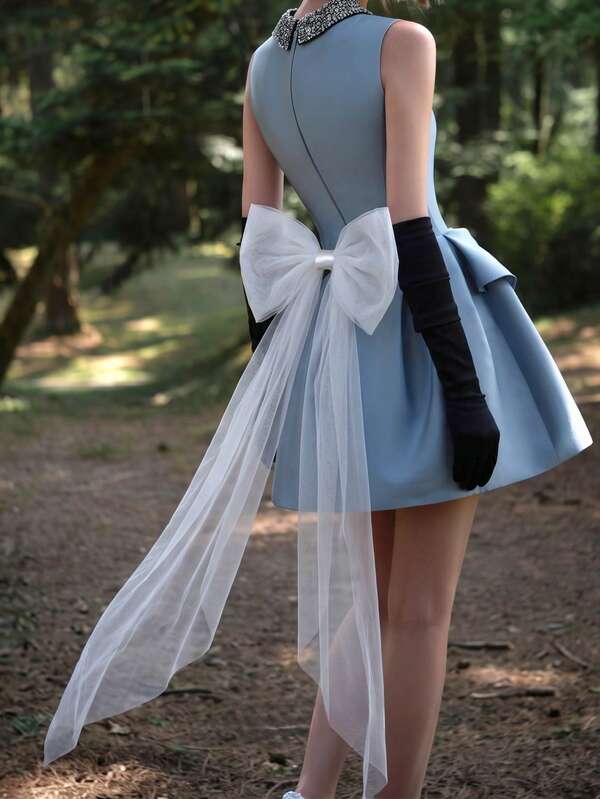 1pc Large Bow Tulle Waist Belt With Long Ribbon, Detachable Back Decoration, Bridal Accessory, Suitable For Party And Photo Shoot