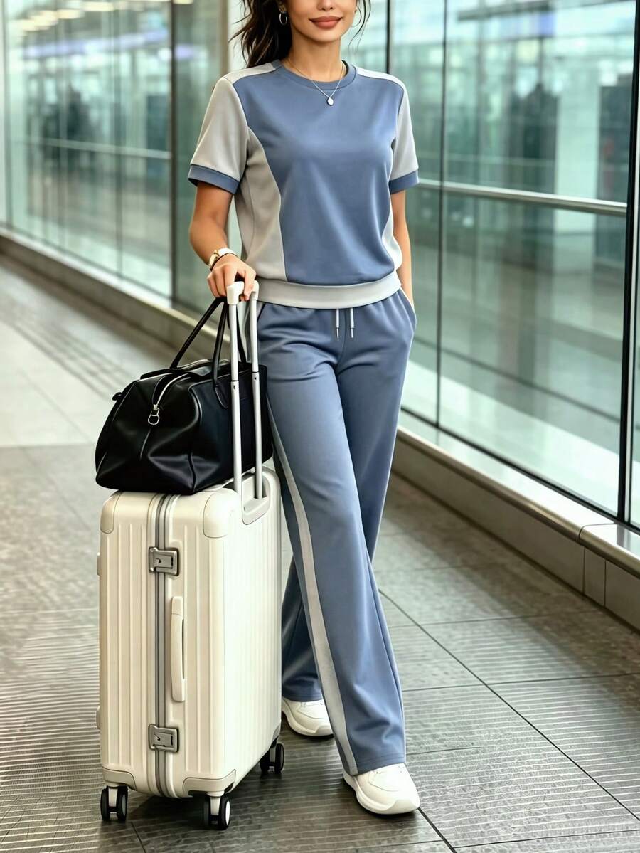 春夏秋女款新款休閒百搭拼色學院風圓領短袖上衣與高腰寬鬆直筒長褲2件套，T恤與拼色長褲套裝，度假穿搭，旅行穿搭，沙灘風格，極簡度假穿搭 - 灰藍70+灰色84 - 查看 1