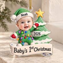 1pc Custom Baby's 1st Christmas Photo And Text Ornament, Personalized Glitter Santa Baby Outfit Keepsake Gift,Newborn First Christmas Memory - Multicolor - View 10