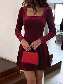 Unadoll Women's Autumn Burgundy Velvet Square Neck Mini Dress, Long Sleeve A-Line Skirt, Suitable For Party, Date Night And Back To School - Burgundy - View 8