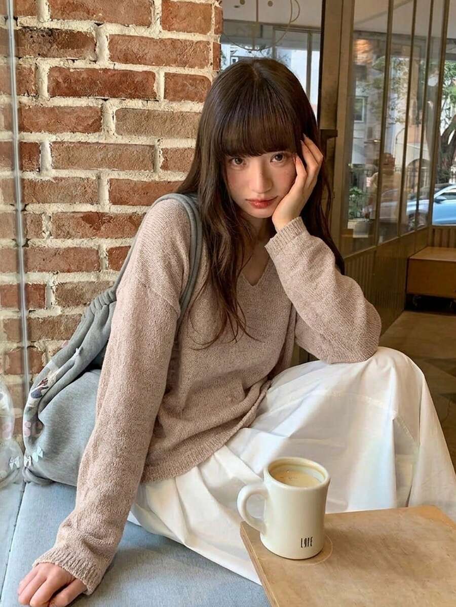 Women's Loose Hollow V-Neck Knit Sweater, Casual Pullover Top, Lightweight For Spring/Autumn - Dusty Pink - View 1