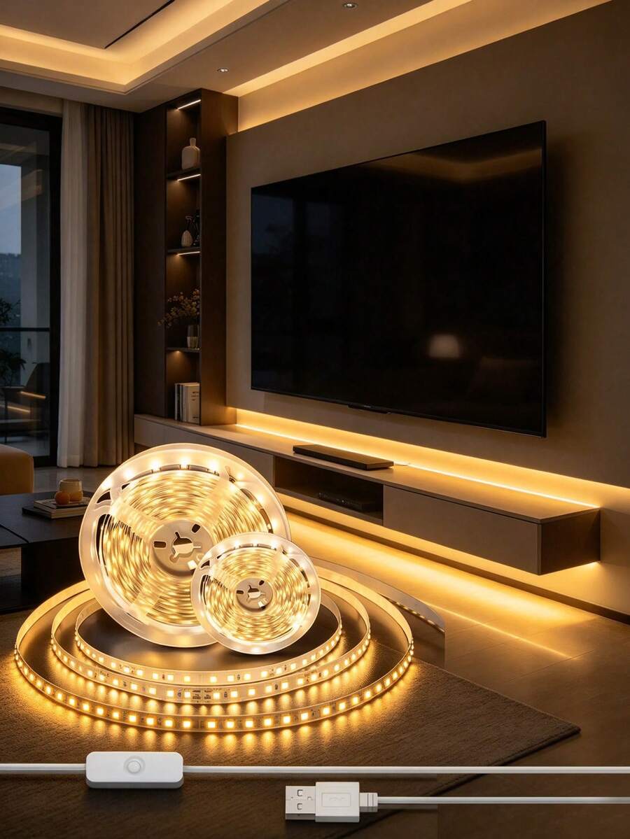 1pc Flexible LED Light Strip With Button Switch, Self-Adhesive Room Decor LED Lights - Home, Bedroom, Vanity Mirror, Kitchen, Living Room,Study,Wardrobe,Non-Waterproof,White Light/Warm Light,Cabinet, DIY Lighting,TV Backlight Kitchen Decor Lighting - USB Button - View 1