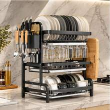 1pc Large 3-Tier Kitchen Storage Rack With Quick Drain Function, Knife & Fork Holder, Cutting Board Rack, Multi-Functional Countertop Utensil Organizer, Can Hold Bowls & Plates, Dish Rack | Stylish Metal Rack | Durable Kitchen Supplies, Kitchen Storage & Organization Rack - Multicolor - View 1