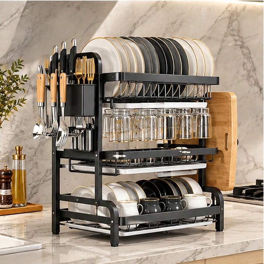 1pc Large 3-Tier Kitchen Storage Rack With Quick Drain Function, Knife & Fork Holder, Cutting Board Rack, Multi-Functional Countertop Utensil Organizer, Can Hold Bowls & Plates, Dish Rack | Stylish Metal Rack | Durable Kitchen Supplies, Kitchen Storage & Organization Rack - Multicolor - View 1