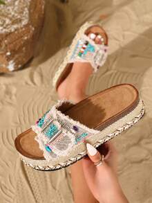 HGUIGJ New Summer Women's Mule Slippers, Round Toe Thick Sole Slip-On Sandals, Bohemian Style, Suitable For Outdoor Travel, Beach And Vacation - Apricot - View 4