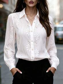 Women's Elegant Solid Color Floral Embroidered Front Button Long Sleeve Semi-Sheer Blouse, Suitable For Home, Office, Vacation, Holiday, All Seasons - White - View 5