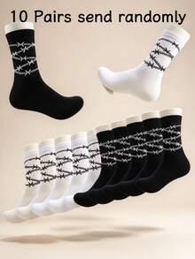 White Base Black Thorn Pattern Mid-Calf Socks Street Style Personalized Casual Versatile Comfortable Skin-Friendly Breathable Men's Socks - Multicolor - View 4