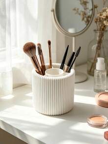 3D Printed Vertical Striped Divided Makeup Brush Holder, 3D Round Decorative Ornament, Multiple Colors Available, Large Capacity Vanity Storage Bucket, Can Hold Eyebrow Pencils And Makeup Brushes, High-Value Desktop Beauty Storage Decor - Multicolor - View 6