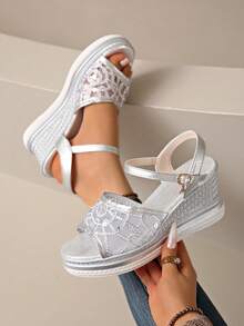 Women's Metallic Silver Thick Wedge Sandals, Open Toe Hollow Back Strap Buckle Slip-On Summer Casual Straw Woven Wedge Shoes - Silver - View 1