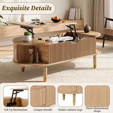 Living Room Coffee Table, Lift-Top Center Table With Storage, MDF, Rubberwood Legs, Fluted Sliding Door - Oak - View 5