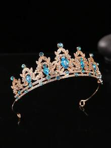 1pc European & American Fashion Exquisite Alloy Bridal Crown, Suitable For Women's Wedding Party Hair Accessory, Queen Princess Party Headpiece - Golden Lake Blue - View 6
