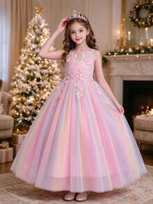 Tween Girl Colorful Tulle 3D Floral Princess Dress, Wedding Flower Girl, Birthday Party, Holiday Gathering, Host, Piano Performance Evening Gown - Multicolor - View 1